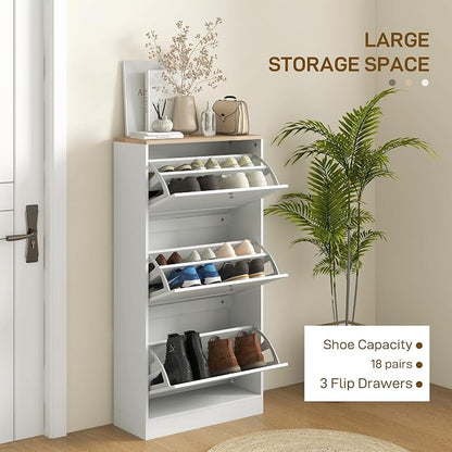 HOMCOM Shoe Storage Cabinet with 3 Flip Drawers, Wooden Freestanding Shoe Organizer with Adjustable Shelves for Entryway, Hallway, White