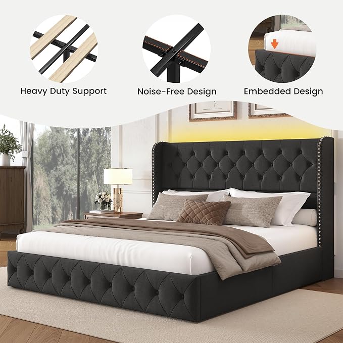 LARMACE King Size Bed Frame with LED Lights and 4 Storage Drawers Linen Upholstered Platform Bed Frame with 47.2" Tall Tufted Headboard Wingback, No Box Spring Needed, Easy to Assemble, Dark Grey