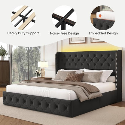 LARMACE King Size Bed Frame with LED Lights and 4 Storage Drawers Linen Upholstered Platform Bed Frame with 47.2" Tall Tufted Headboard Wingback, No Box Spring Needed, Easy to Assemble, Dark Grey