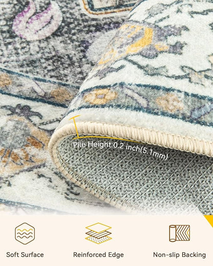 RELEANY Area Rugs Round 10ft Washable Non-Slip, Floral Vintage Distress Medallion Carpet for Living Room Bedroom Dining Room, Beige Carbon Grey Orange