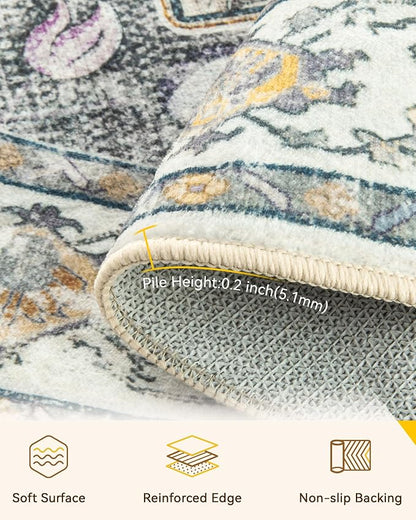 RELEANY Area Rugs Round 4ft Washable Non-Slip, Floral Vintage Distress Medallion Carpet for Living Room Bedroom Dining Room, Beige Carbon Grey Orange
