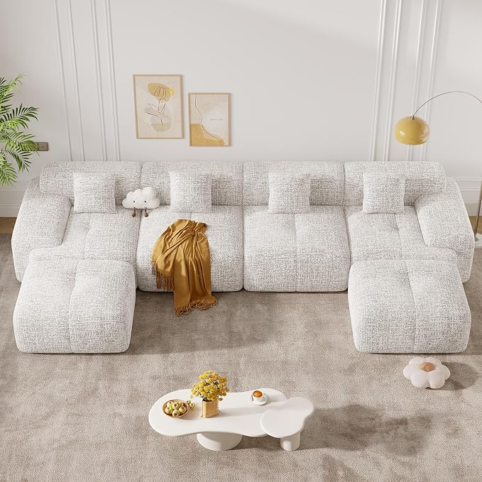 158" U Shaped Boneless Couches for Living Room, 6 Seater Modern Chenille Cloud Couch, Convertible Modular Sectional Sofa Set, No Assembly Required, Beige 1 PCS