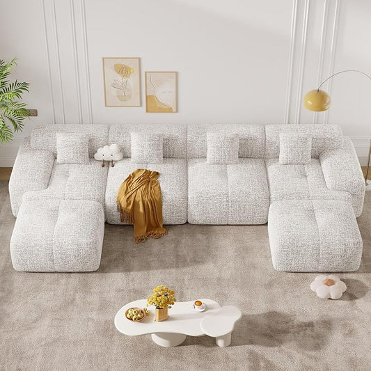 158" U Shaped Boneless Couches for Living Room, 6 Seater Modern Chenille Cloud Couch, Convertible Modular Sectional Sofa Set, No Assembly Required, Beige 1 PCS