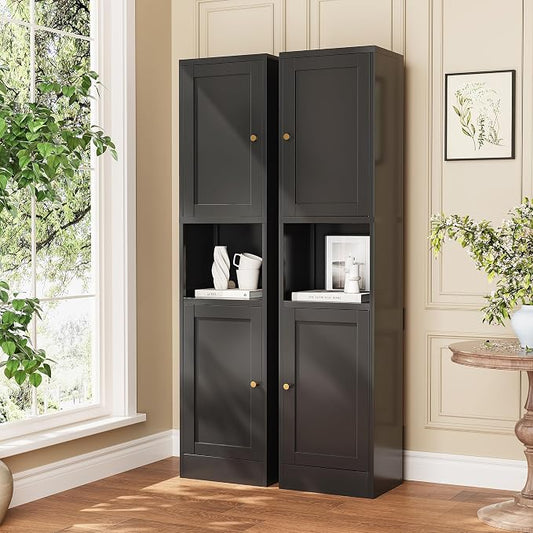 Tall Bathroom Storage Cabinet, Metal Narrow Cabinet with Ajustable Shelves Open Countertop, Slim Pantry Cabinets for Small Spaces, Living Room, Kicthen, Dining Room
