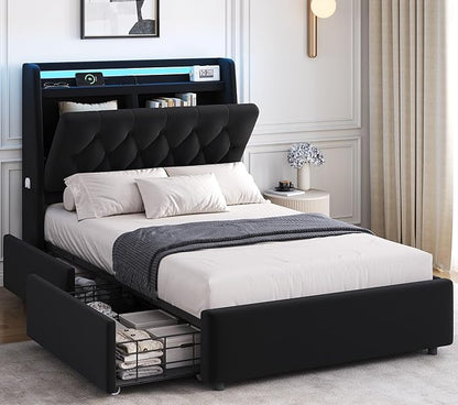 Twin LED Velvet Bed Frame with 2 Storage Drawers&Hidden Headboard, Upholstered Platform Bed with Charging Station&Button Tufted Design, Wooden Slats Support, Box Spring Optional, Easy Assembly, Black