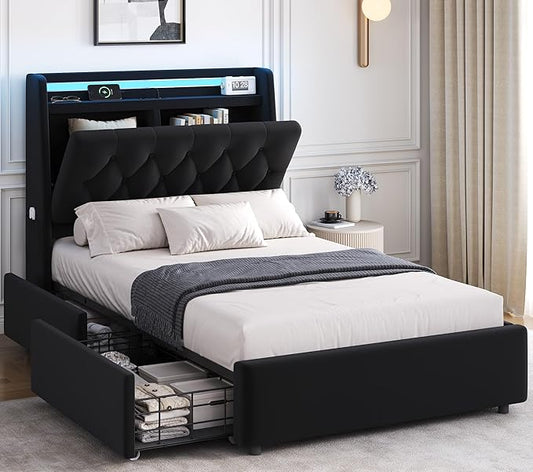 Twin LED Velvet Bed Frame with 2 Storage Drawers&Hidden Headboard, Upholstered Platform Bed with Charging Station&Button Tufted Design, Wooden Slats Support, Box Spring Optional, Easy Assembly, Black