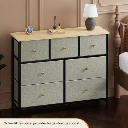 Sweetcrispy 7 Drawer Dresser with Fabric Bins, Fabric Storage Tower Organizer for Bedroom, Closet, Hallway, Entryway, Tall Chest of Drawers with Steel Frame, Wood Top, Large Storage,Dark Green