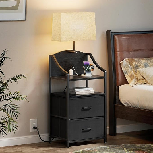 Evermagin 45" Tall Night Stand with Charging Station & Light, Nighstand with 2 Fabric Drawers & Storage Shelf, Bedside Table End Table with USB Ports and Outlets for Bedroom, Dorm, Black