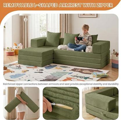 65" Modular Sectional Sofa, Boneless Convertible Sleeper Sofa Bed, Modern Tri-Folding Cloud Couch with L-Shape Chaise, Corduroy Futon Couches for Small Spaces Apartment,No Assembly,Green