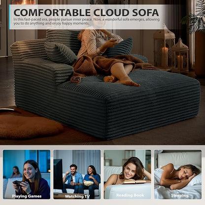 50 Inch Chaise Lounge Chair Indoor, Oversized Corduroy Upholstered Boneless Sofa Bed, Deep Seat Sleeper Couch Reading Chairs, Cloud Sofas Couches for Living Room, No Assembly Required (Dark Grey)