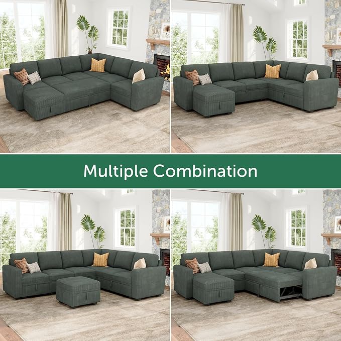 HONBAY Modular Sectional Sleeper Sofa with Pull Out Bed, Corduroy Couch with Storage Seats Ottoman, U Shaped Sectional Couches for Living Room, Green