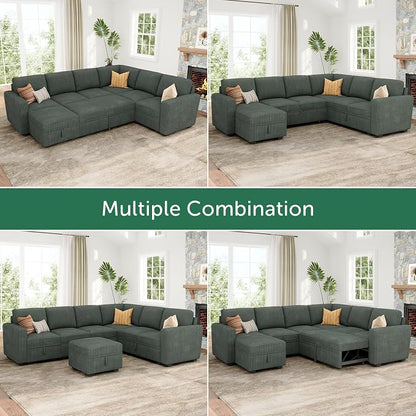 HONBAY Modular Sectional Sleeper Sofa with Pull Out Bed, Corduroy Couch with Storage Seats Ottoman, U Shaped Sectional Couches for Living Room, Green