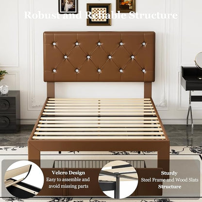 VECELO Twin Size Bed Frame with Storage Drawers, Leather Upholstered with Diamond Tufted Headboard, Solid Wood Slat Support, No Box Spring Needed, PU & Brown
