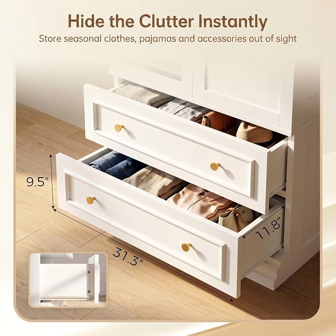LIKIMIO Armoire Wardrobe Closet with Full Length Mirror, 3 Open Shelves, 71" Freestanding Bedroom Armoire with 2 Drawers, 3 Side Hooks & Hanging Rod, Clothing Storage Cabinet for Bedroom, White