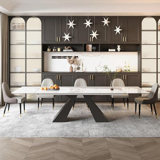 Marble Expandable Table for 8-12 People, 78.74-110.24 Inch Adjustable Length, Heat Resistant Scratch-Resistant Sintered Stone Table Top for Kitchen Dining Room Family Party