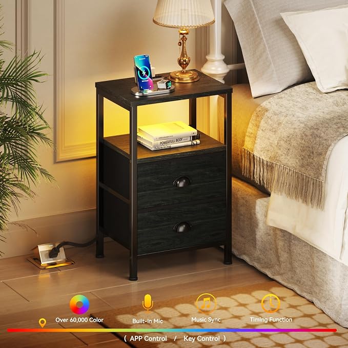 Furologee Nightstands with Charging Station, End Table with LED Lights, Black Night Stands with 2 Fabric Drawers, Bedside Tables with Shelves for Living Room/Bedroom,Black Oak