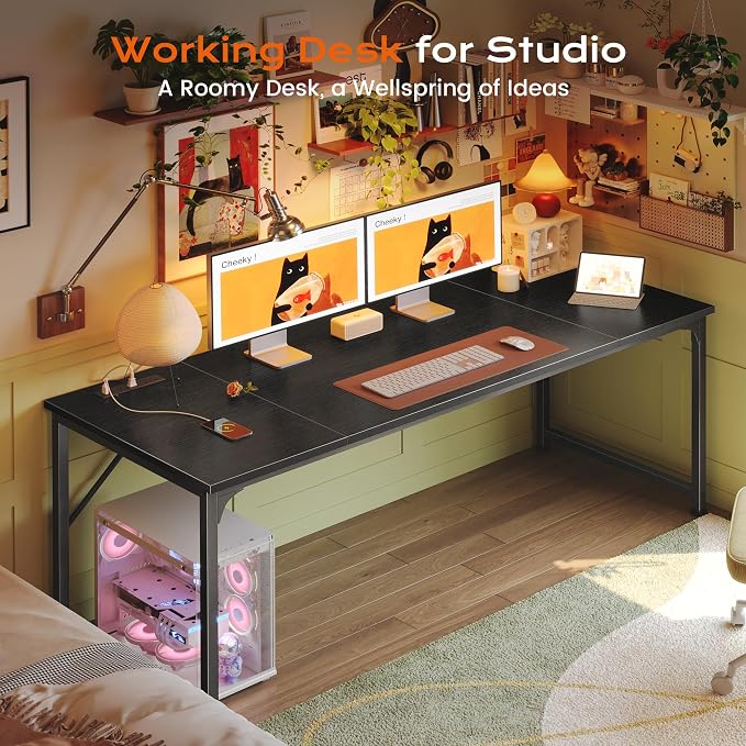 PRAISUN 63 X 30 Inch Extra Deep Desk with Power Outlets | Long Computer Desk for Bedroom, Office Desk for Work from Home, Writing Study Gaming Table, Stable Metal Frame, Black