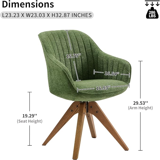 Art Leon Office Chair No Wheels - Mid Century Modern Desk Chair, Swivel Accent Chair with Oak Wood Legs, Fabric Upholstered Arm Chair, Green