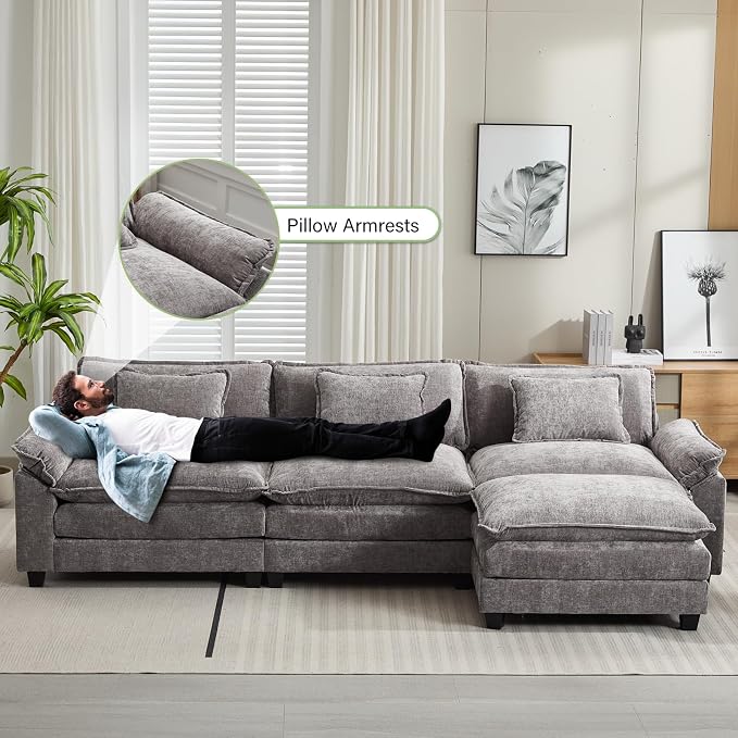 Oprisen 120" Modular Sectional Sofa, Comfy Cloud Couch Sectional Sofa with Ottoman, Chenille Sofa Sleeper Deep Seat Sofa with Throw Pillows for Living Room (Light Gray, 120"- L Shape)