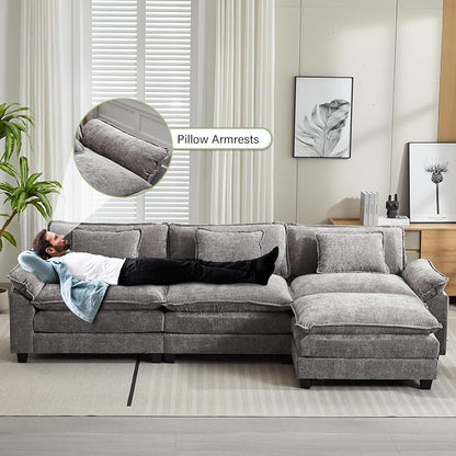 Oprisen 120" Modular Sectional Sofa, Comfy Cloud Couch Sectional Sofa with Ottoman, Chenille Sofa Sleeper Deep Seat Sofa with Throw Pillows for Living Room (Light Gray, 120"- L Shape)