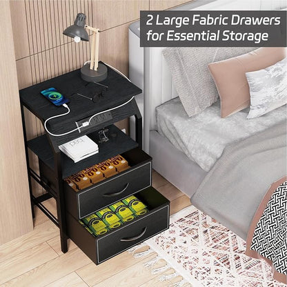 SZLHANJZ End Table with Light, LED Nightstand with 2 Drawers and Type C Charging Station, Small Fabric Night Stand for Bedside, Storage Side Table for Living Room, Dorm, Black