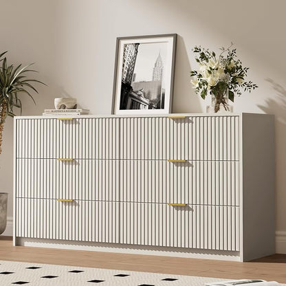 MAISONARIA 3-Piece Dresser Bedroom Set, 6 Drawer Dresser & 2 Drawer Nightstands with Gold Handles, Fluted Wood Chest of Drawers for Bedroom, Living Room, Entryway, Beige