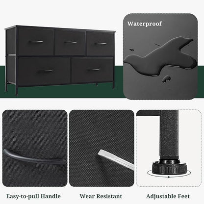 5-Drawer Dresser for Bedroom, Anti-Tip Wide Storage Organizer Fabric Chest of Drawers TV Stand for 45" TV with Wooden Top and Metal Frame for Closet, Living Room, Hallway, Entryway, Black
