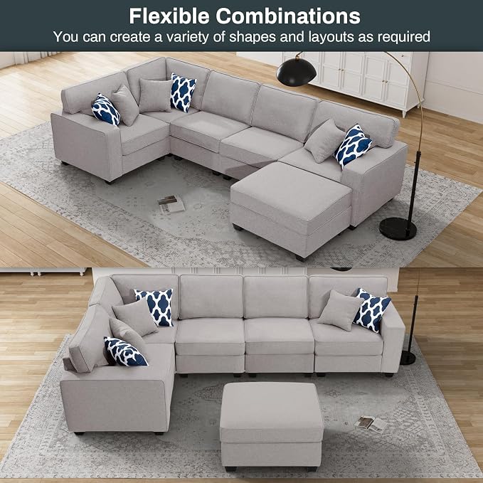 Legend Vansen Oversized Modular Sectional Sofa,U/L‑Shaped Reversible Couch with Ottoman,Deep Seat Plush Polyester Sofa for Living Room,6‑Seater,Light Grey