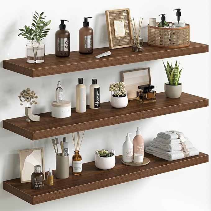 Fun Memories Floating Shelves for Wall 40 Inch Set of 3, Farmhouse Floating Shelves with Invisible Heavy Duty Bracket, 10 Inch Deep Bathroom Shelves for Storage, Living Room, Kitchen, Decor, Walnut