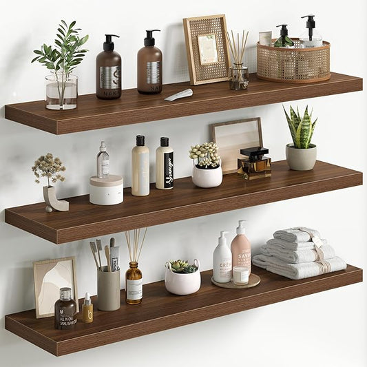 Fun Memories Floating Shelves for Wall 40 Inch Set of 3, Farmhouse Floating Shelves with Invisible Heavy Duty Bracket, 10 Inch Deep Bathroom Shelves for Storage, Living Room, Kitchen, Decor, Walnut