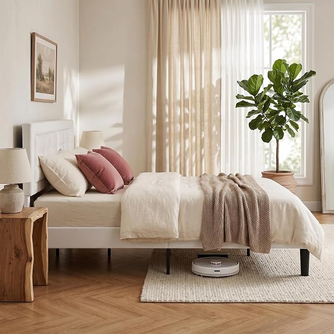 VECELO Full Size Bed Frame, Adjustable Upholstered Button Tufted Headboard, Heavy-Duty Bedframe with Wood Slats Support, No Box Spring Needed, Linen & White