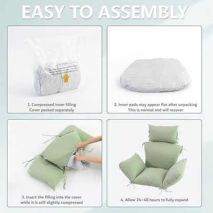 Egg Chair Cushion with 8 Securing Straps, Water-Repellent & Fade-Resistant Faux Linen, Removable Cover, Replacement Cushion for Most Single Outdoor Hanging Swing Egg Chairs – Sage Green