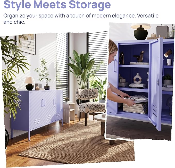 32" Wide 3-Door Lockable Metal Storage Cabinet with Accent Cabinet Locker, Heavy Duty Home Tool Cabinet, 2 Removable Shelves & Easy Assembly, for Home, Office, Entryway and Hallway Purple