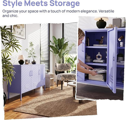 32" Wide 3-Door Lockable Metal Storage Cabinet with Accent Cabinet Locker, Heavy Duty Home Tool Cabinet, 2 Removable Shelves & Easy Assembly, for Home, Office, Entryway and Hallway Purple