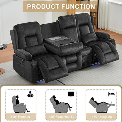 URRED Power Loveseat Recliner Sofa with Massage and Heat, Wall Hugger Reclining Loveseat with Console, RV Couch Home Theater Seating with LED Lights for Living Room (Dark Grey, 89.8" - 3 Seats)