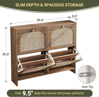 Nicetree Freestanding Ultra Slim Arched Accent Entryway Shoe Storage - 4 Flip Drawers & 3-Tier Adjustable Shelves, Modern Slim Shoe Cabinet for Hallway, Foyer (flip Down Shoe Cabinet | Amber Oak)