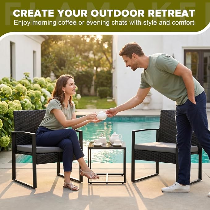 Flamaker 3 Pieces Patio Set Outdoor Wicker Furniture Modern Bistro Rattan Chair Conversation Sets with Coffee Table for Yard (Grey)
