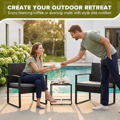 Flamaker 3 Pieces Patio Set Outdoor Wicker Furniture Modern Bistro Rattan Chair Conversation Sets with Coffee Table for Yard (Grey)