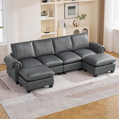 118" Faux Leather Modular Sectional Sofa with 2 Ottoman, Oversized 4 Seater Couch with Curved Armrests, Cloud Modern U-Shaped Sofa Deep Seat for Living Room, Grey