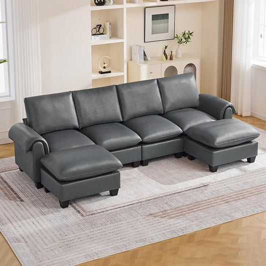 118" Faux Leather Modular Sectional Sofa with 2 Ottoman, Oversized 4 Seater Couch with Curved Armrests, Cloud Modern U-Shaped Sofa Deep Seat for Living Room, Grey