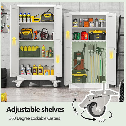 Metal Garage Storage Cabinet, 61”Tall Rolling Utility Cabinet White | storage system with Wheels, Lock, 3 Adjustable Shelves, Heavy Duty Steel Tool Locker for Home Office, Utility Room, Gym
