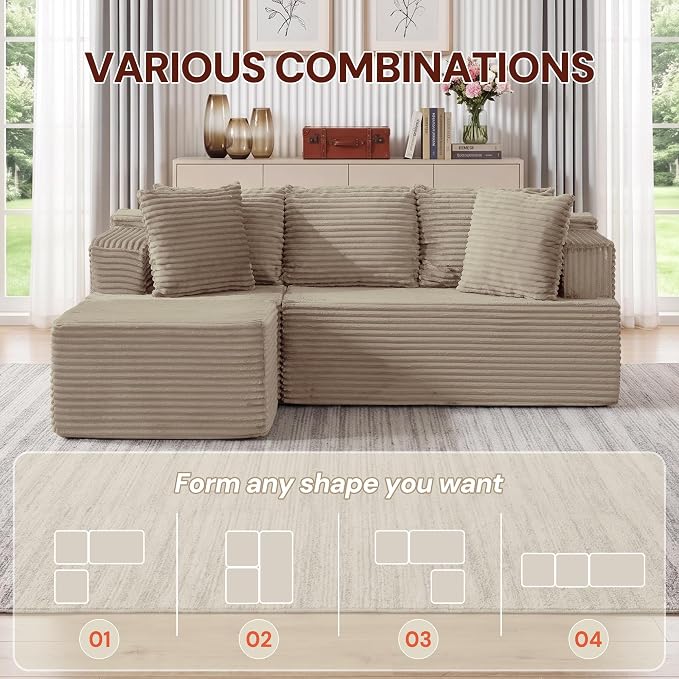 Korser Boneless Couches for Living Room, Cloud Couch Sectional with Ottoman, L-Shaped Sofa with Fluffy Comfy Corduroy Deep Seat, Bedroom, Apartment, No Assembly Required
