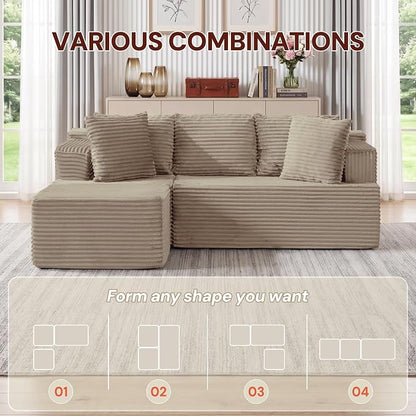 Korser Boneless Couches for Living Room, Cloud Couch Sectional with Ottoman, L-Shaped Sofa with Fluffy Comfy Corduroy Deep Seat, Bedroom, Apartment, No Assembly Required