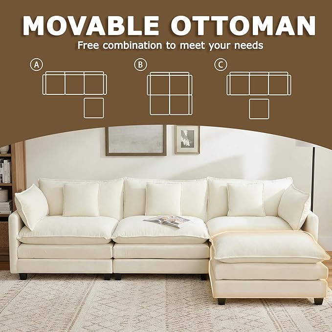 113” Modular Sectional Sofa, L Shaped Cloud Couches for Living Room, Beige | Comfy Chenille, Deep Seat, Bedroom, Apartment, Throw Pillow, Removable Washable Cover, Movable Ottoman, Easy Assembly, Modern