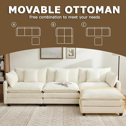113” Modular Sectional Sofa, L Shaped Cloud Couches for Living Room, Beige | Comfy Chenille, Deep Seat, Bedroom, Apartment, Throw Pillow, Removable Washable Cover, Movable Ottoman, Easy Assembly, Modern