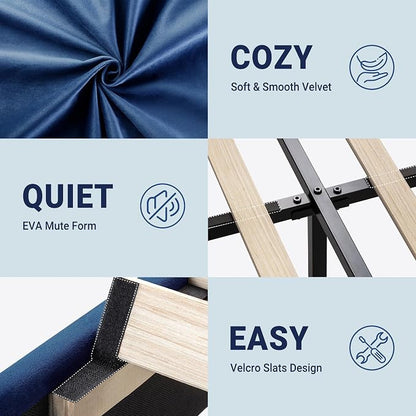 Allewie Queen Platform Bed Frame with Adjustable Headboard, Plush Velvet Upholstered, Vertical Channel Tufted, Sturdy Wooden Slats, No Box Spring Needed, Easy Assembly, Blue