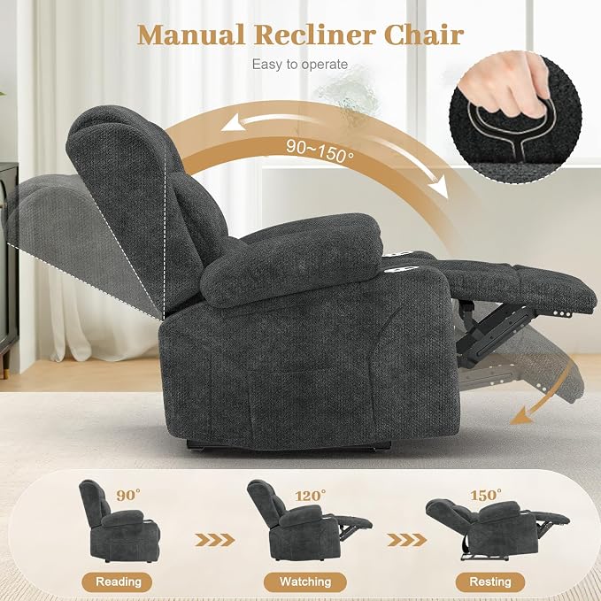 RV Recliner Chair, Oversized Reclining Loveseat Home Theater Seating with Cup Holders, Insert Pockets, Wall Hugger RV Recliners for Movie Room, Recline Movie Seats Gaming Sofa, Gray