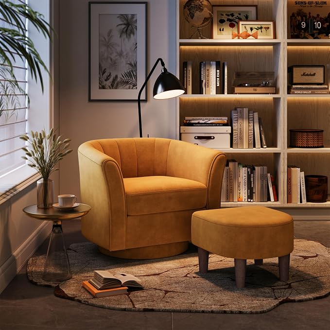LINSY Swivel Accent Chair Ottoman Set: Velvet Larege Barrel Chair with Foot Rest, Modern Reading Chair Upholstered Armchair with Footrest for Living Room Bedroom Study Room Office (Yellow)