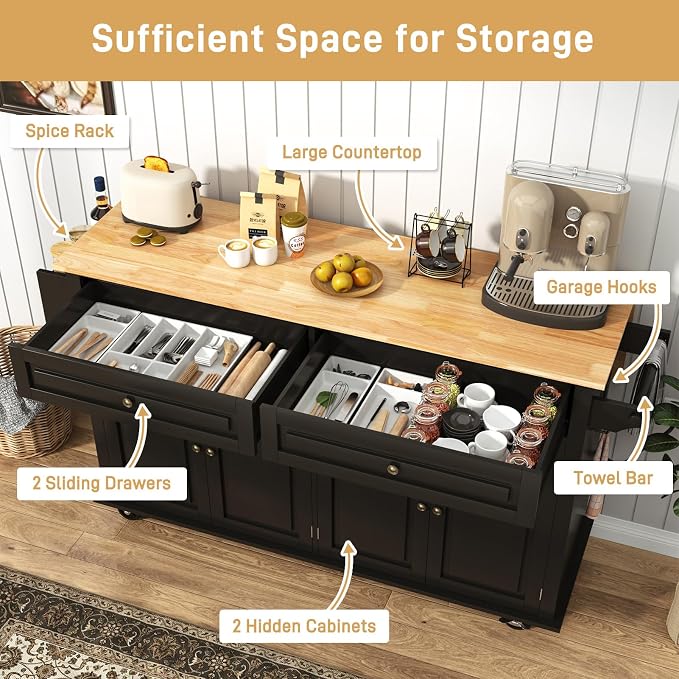 Hlivelood 63" Movable Kitchen Island with Drop Leaf and Power Outlet, Rolling Island Cart w/Storage Cabinet, Island Table on Wheels for Kitchen w/2 Drawers, Spice Rack, Towel Bar, Garage Hook, Black