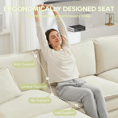 113" Chenille Modular Sectional Sofa, Convertible L Shaped Modular Sofa Comfy Cloud Couch with Ottoman, Side Pockets and 5 Throw Pillows for Living Room (Corduroy White, 113'' - 4 Seat)